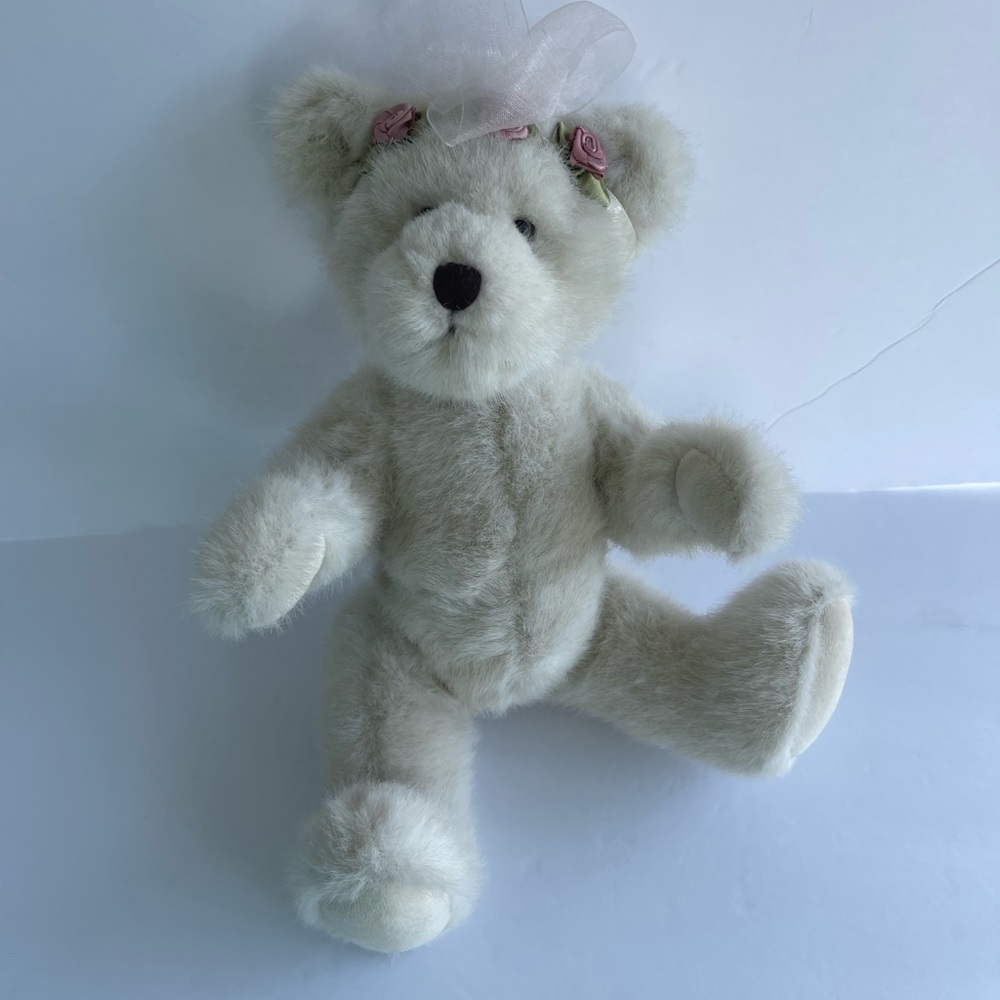 Boyds 13 inch white jointed Teddy Bear.  with flowers head band.  1990-99.